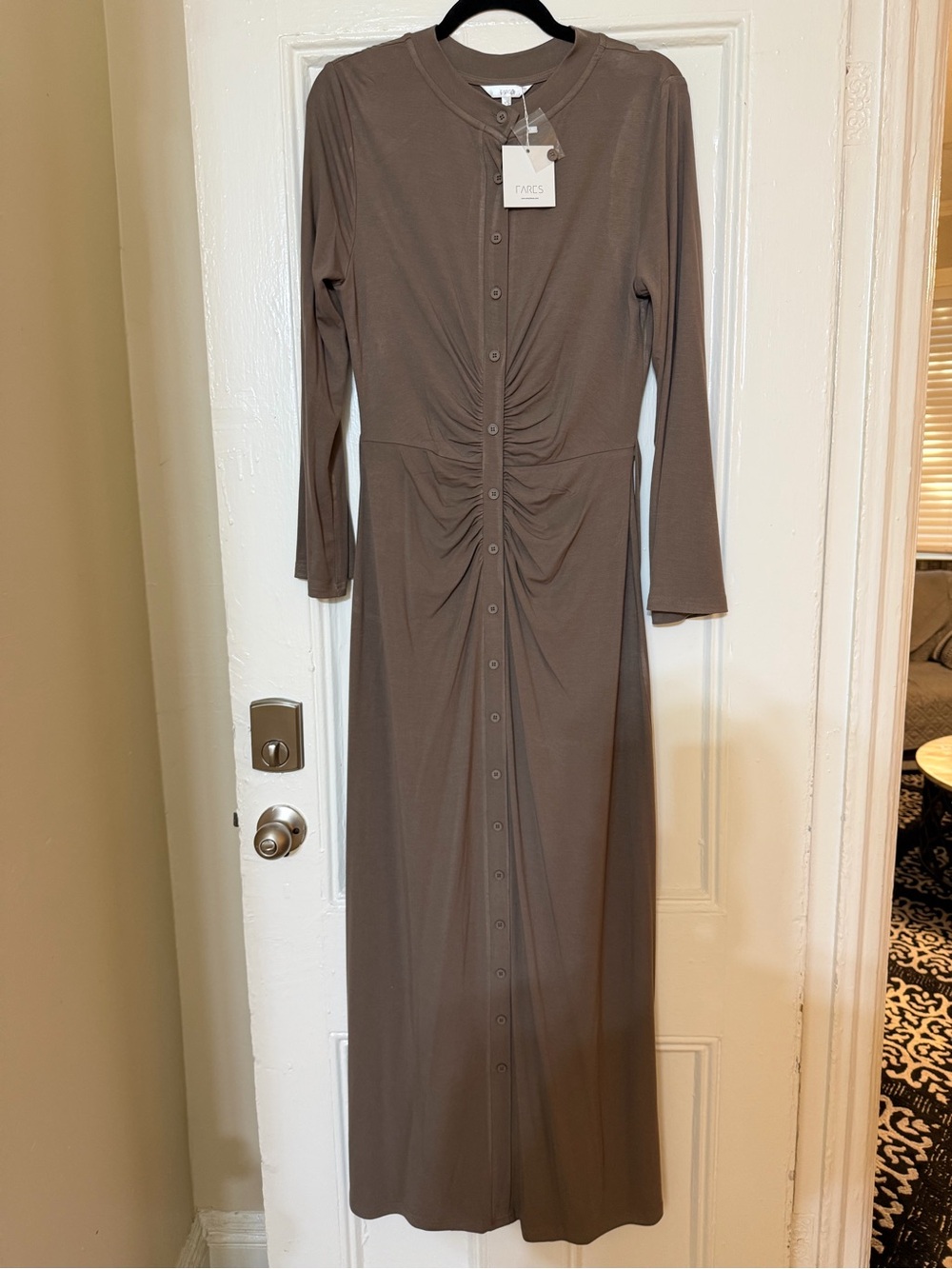 Fares Taupe Long Sleeve Ruched Front Maxi Dress